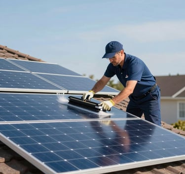 A high-quality image showing specialized solar panel cleaning on a residential roof. The scene is bright and highlights the attention to detail and efficiency. Professional tone with #8DBBDC sky colors.