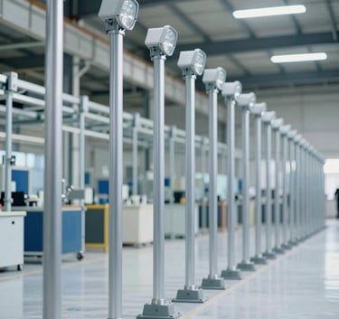 A wide-angle interior photograph of a clean, modern manufacturing factory in Riyadh, Middle Eastern / Gulf region, showing organized rows of steel lighting poles ready for shipping, professional and industrial mood with Off-White and Slate Blue color palette.