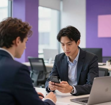 A professional business meeting in a bright North American tech hub office, two professionals looking at a smartphone screen together, with deep purple and light pink accents in the decor.