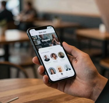 A lifestyle shot of a person using a mobile app while sitting in a stylish North American café, the phone screen glowing with a sophisticated user interface, warm and approachable lighting.