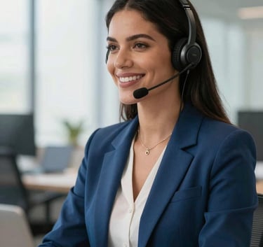 A smiling professional South American / Brazilian woman wearing a headset in a modern office, bright and professional lighting, incorporating Medium Blue and Off-white tones.