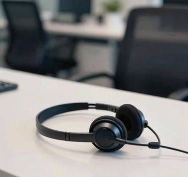 A professional South American / Brazilian workplace setting with a modern headset on a clean white desk, blurred office interior background, Dark Blue and Off-white palette.