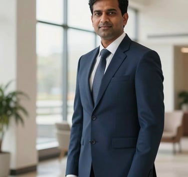 A professional portrait of an Indian corporate executive in a deep navy blue suit, standing in a brightly lit, soft off-white lobby with large windows. The mood is confident and authoritative.