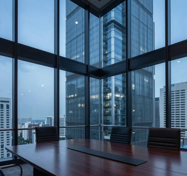 A high-end, wide-angle photograph of a glass-walled boardroom in a Mumbai skyscraper at dusk. The room is empty but perfectly arranged, featuring deep navy blue and steel blue tones reflected in the polished surfaces.