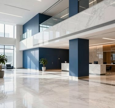 A bright, modern North American corporate lobby with clean lines, off-white marble floors, and dark blue accent walls, captured with a wide-angle lens in soft morning light.