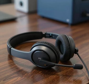A close-up shot of a high-end, professional headset resting on a polished dark wood desk in a modern North American office, with soft focus on steel blue office equipment in the background.