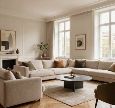 A high-end renovated living room in a French apartment, bright airy space with warm wood flooring, natural beige walls, and modern minimalist furniture.