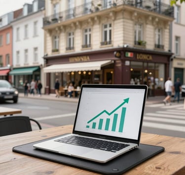 A minimalist, high-end professional desk scene. A focused view of a sleek tablet displaying a marketing growth chart. The color palette features deep blues (#1A2C3D) and soft greys (#F6F8FA), conveying a clean, modern, and authoritative atmosphere.