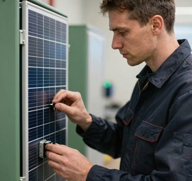 A professional technician in a Northern European / Baltic setting inspecting a solar inverter system. The lighting is clean and professional. The scene uses a palette of charcoal navy and muted forest green, emphasizing trustworthiness and technical expertise.
