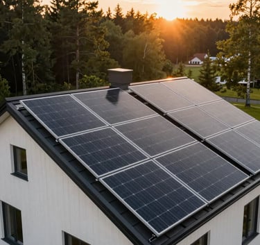 Wide-angle photography of a sleek, modern Northern European / Baltic house featuring a full rooftop solar installation. The sun is setting, casting a warm golden amber glow. The atmosphere is sustainable and innovative, with forest green trees in the background and a soft off-white facade.