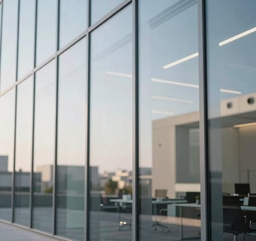 Clean and minimalist close-up of a high-end corporate glass wall reflecting a bright office environment, modern architecture in the Gulf region, soft daylight, professional atmosphere.