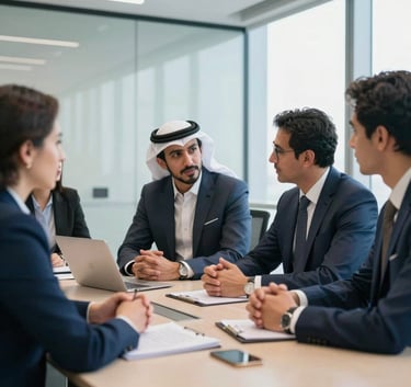A group of professional colleagues in smart business attire having a discussion in a bright, modern Middle Eastern office boardroom, collaborative and professional atmosphere with blue color accents.