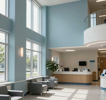 Interior of a modern, airy healthcare facility with soft slate blue walls and natural light streaming through large windows, North American clinic architecture, clean and professional atmosphere.