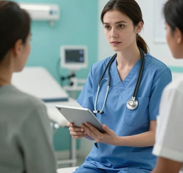 A compassionate healthcare provider in clinical attire holding a tablet during a patient consultation in a brightly lit, ocean teal accented room, North American medical setting.