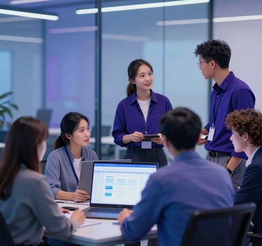 A professional team of digital consultants collaborating in a modern, glass-walled office space. The image has a cool blue and purple tint reflecting the brand colors #3C306D and #725DF0, with a clean, tech-focused atmosphere.