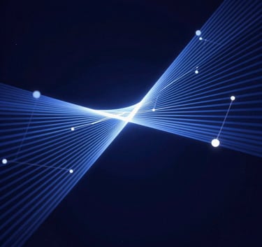 A sleek, minimalist abstract digital graphic showing interconnected nodes and light rays flowing through a dark space. The palette is dominated by #725DF0 and #3C306D gradients with #F0F0FF highlights, symbolizing innovation and connectivity.