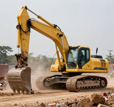 A powerful yellow excavator working on a major road construction project in Zimbabwe, professional action shot, dust and machinery, clean corporate style.