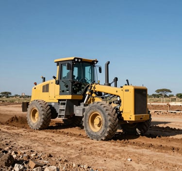 A wide angle shot of a construction site in Southern Africa featuring a road grader leveling earth under a clear blue sky, professional photography.