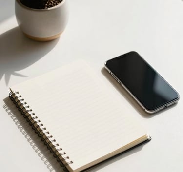 An overhead shot of a clean, minimalist desk with a notebook, a smartphone, and a small ceramic plant pot on a white surface, bright morning light, professional mood.