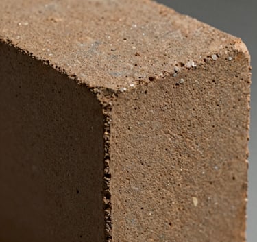 Macro photograph of the textured surface of a fired clay brick, showing fine details of the natural minerals and muted bronze hues, sharp focus, professional industrial photography.