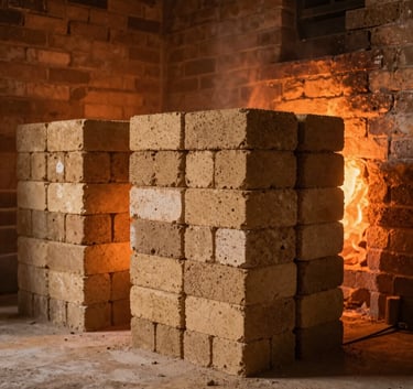 The interior of a traditional brick kiln with a warm orange glow from the fire illuminating stacks of hardening sand-colored clay bricks, cinematic lighting, North American heritage style.