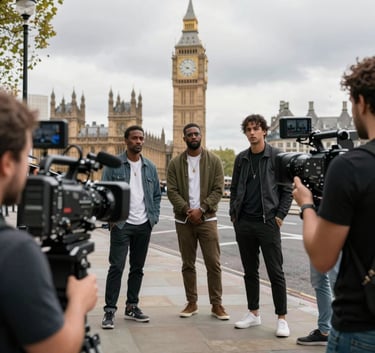 A Northern European director and crew working on a sleek, modern commercial set. High-end lighting equipment and a large camera rig are visible. The scene is bright and highlights dynamic cinematic storytelling.