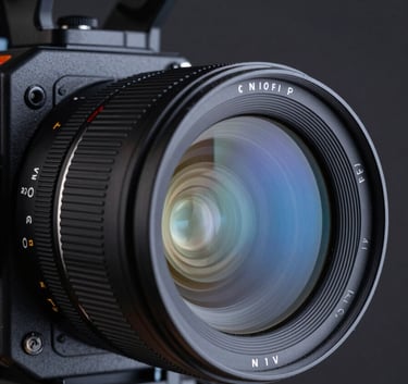 Close-up of a professional cinematic camera lens reflecting a soft blue light. The background is a dark, sophisticated studio setting. The composition is artistic and focuses on technical excellence.