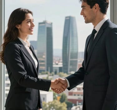 A businessman and a businesswoman in professional attire shaking hands in front of a window overlooking the Four Towers Business Area in Madrid, Spain.