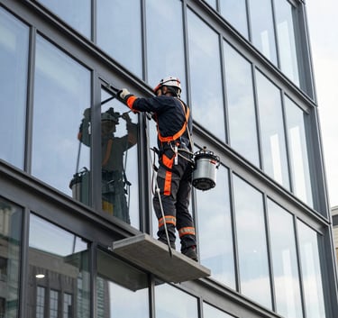 A professional window cleaner using specialized equipment on a modern glass facade in a German city, bright daylight, professional attire.