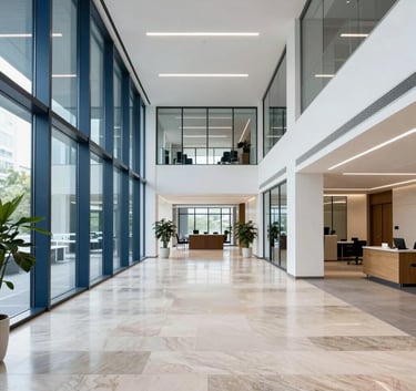 A bright and airy commercial office lobby in Central Europe with polished stone floors and glass walls, reflecting a clean and professional atmosphere with deep blue and white accents.