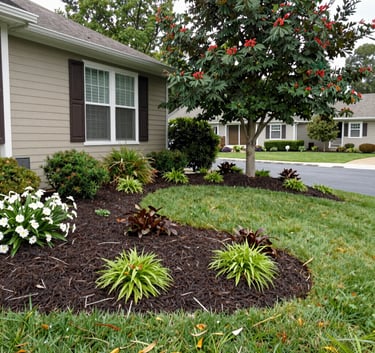 A professional landscaper in a green uniform using a lawnmower on a lush, perfectly manicured North American / US suburban lawn, clean lines, professional photography.