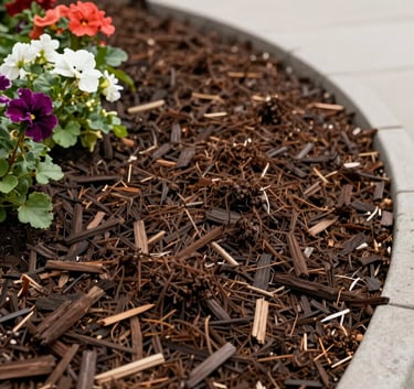 Close-up of fresh dark brown mulch recently spread around a decorative garden bed with vibrant flowers, clean edging, North American / US residential setting.