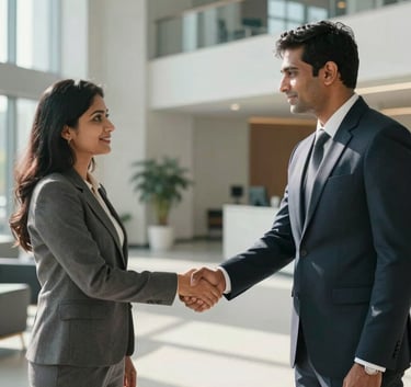 A South Asian businessman and woman in professional corporate attire shaking hands in a modern, sunlit Indian office lobby. The background shows blurred architectural details in Pale Gray.