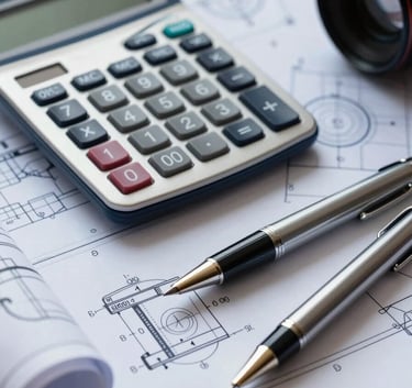 Close-up photography of a professional desk with engineering blueprints, a sleek financial calculator, and a high-end pen, reflecting a mood of precision and financial planning, steel blue and light gray tones.