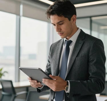 A professional engineer in business attire reviewing blueprints on a digital tablet in a bright, modern South American corporate office with high ceilings and steel accents, soft morning light.
