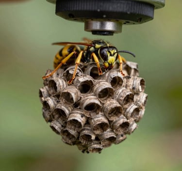A detailed close-up of a wasp nest in a garden setting in Norddeutschland, handled by a professional using specialized safety equipment, soft green background.