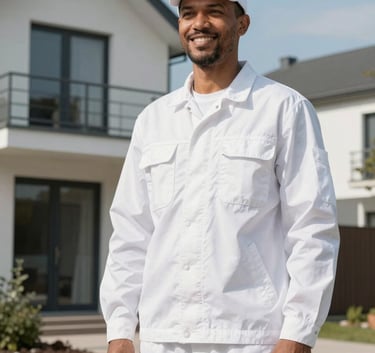 A trustworthy pest control technician in professional white workwear standing in front of a Hamburg modern home, smiling confidently, bright and clear daylight.