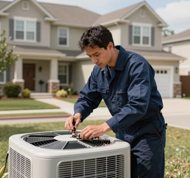 A professional HVAC technician in a dark blue uniform servicing a modern outdoor residential AC unit. Bright daylight photography, North American / US suburban home in the background, sharp focus on technical reliability.