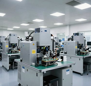 A wide angle shot of a clean, brightly lit electronics manufacturing floor in a South Asian facility, showing rows of silver machinery.