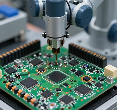 A detailed close-up of a complex green PCB with orange and silver components being assembled by a robotic arm, premium industrial style.