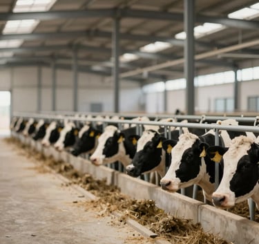 Modern dairy production facility at Rancho Sagrado, showing clean lines and professional equipment, emphasizing sustainable and hygienic practices, photographed in a documentary style with #6E5D4E earthy tones.
