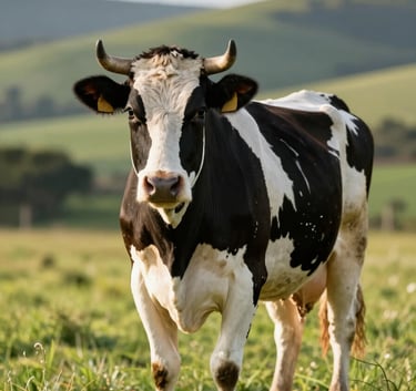 A high-quality Holstein cow standing in a lush green pasture in Piracaia, SP, with a soft-focus background of rolling hills, warm sunlight, sophisticated and authoritative tone, matching the #F6F4F1 atmosphere.
