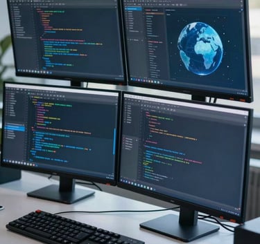 Professional photography of a developer workstation with multiple monitors showing code and app interfaces, soft morning light, International / Global, light grey-blue tones and medium blue accents.