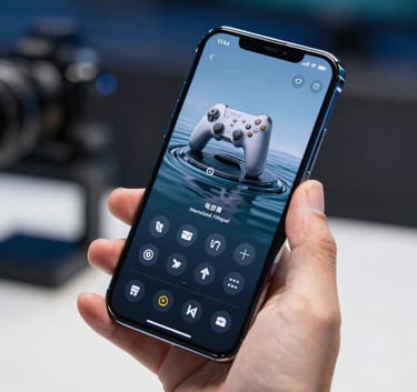 Photography of a hand holding a modern smartphone in a bright professional setting, displaying a sleek mobile gaming interface, International / Global, soft bokeh background with dark blue and teal highlights.