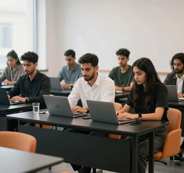 A group of focused Middle Eastern / Iraqi young professionals collaborating in a bright, modern training room with black and orange minimalist furniture.