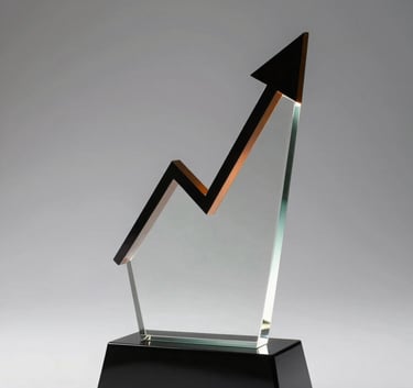 Minimalist photography of a modern glass trophy representing career growth on a white surface, professional lighting with black and orange highlights.