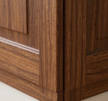 A macro photograph of a perfectly executed cabinetry joint, showing the fine grain of deep brown wood and meticulous precision, bright diffused lighting, North American / Pacific Northwest US residential interior.