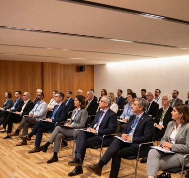An interior shot of a large corporate hall in Santander during a professional seminar, audience of attentive professionals, warm ambient lighting, elegant and organized setting.