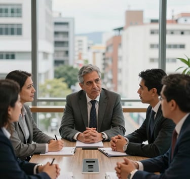 A group of South American professionals in a collaborative meeting around a conference table in a modern building in Santander, natural lighting, looking focused and committed, blurred city background.