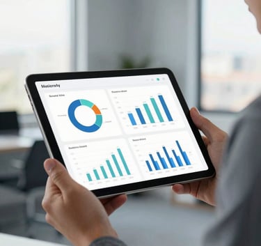 A close-up of a professional in business-casual attire holding a high-end tablet displaying clean, modern data visualizations and charts. The setting is a bright, airy North American office with soft gray-blue walls and large windows.